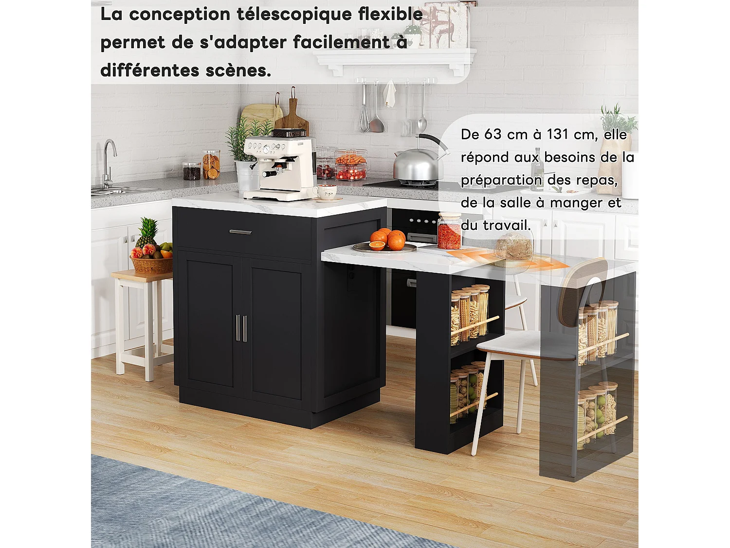 Îlot de cuisine avec table à rallonge pour 4 à 6 personnes, prise électrique, armoire de rangement