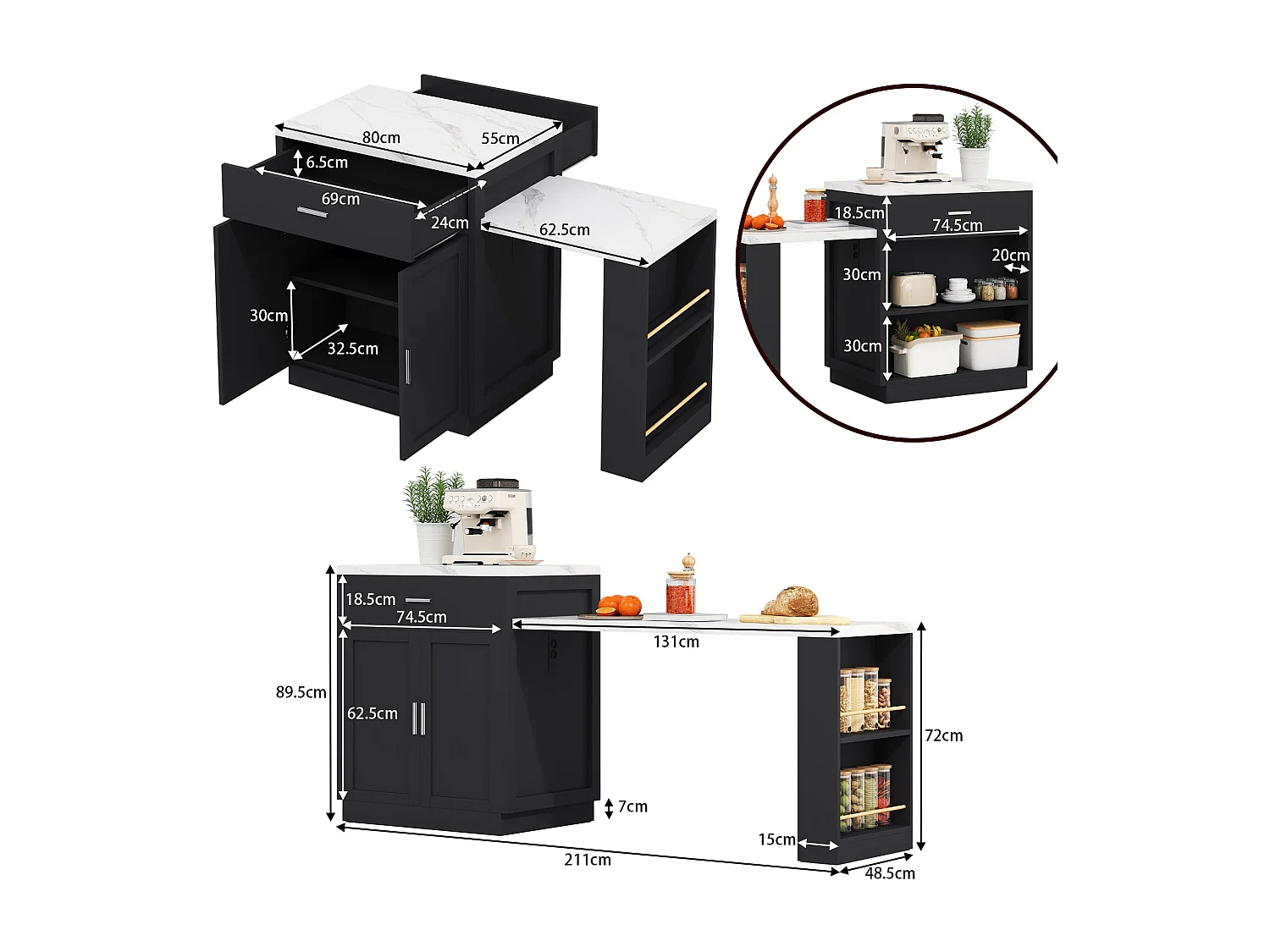 Îlot de cuisine avec table à rallonge pour 4 à 6 personnes, prise électrique, armoire de rangement
