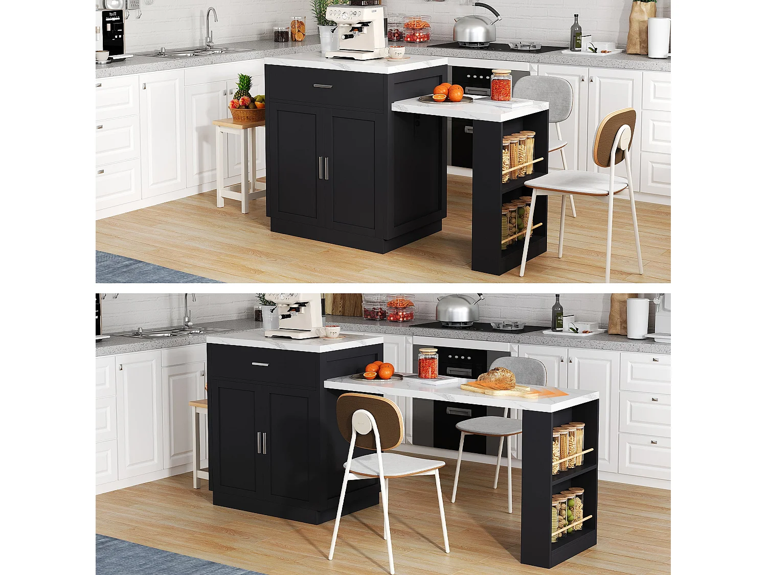 Îlot de cuisine avec table à rallonge pour 4 à 6 personnes, prise électrique, armoire de rangement