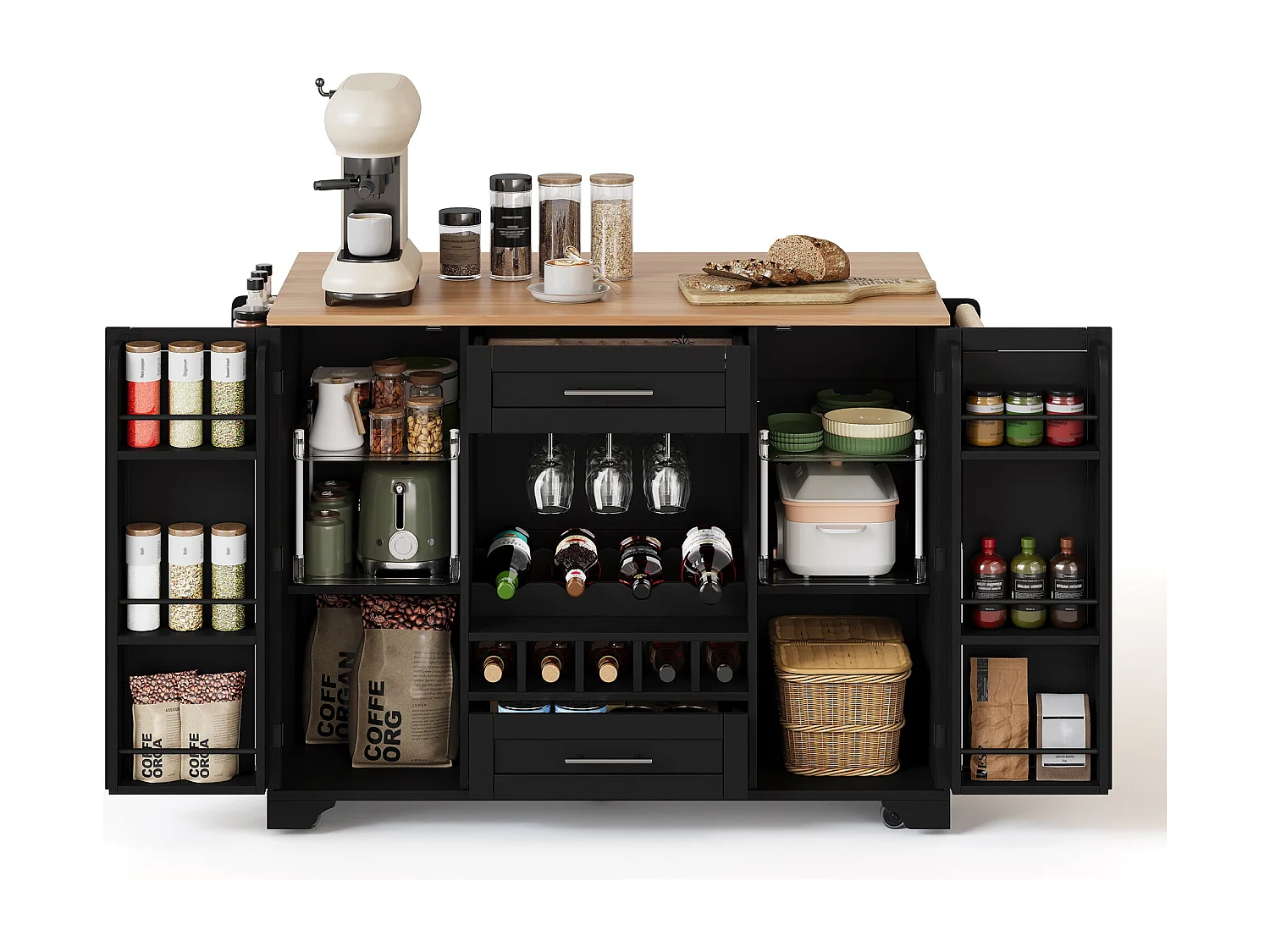 Table roulante de cuisine avec plan de travail rabattable, îlot de cuisine sur roulettes, 120x45/70x92cm, Chariot de service multifonctionnel avec rangements