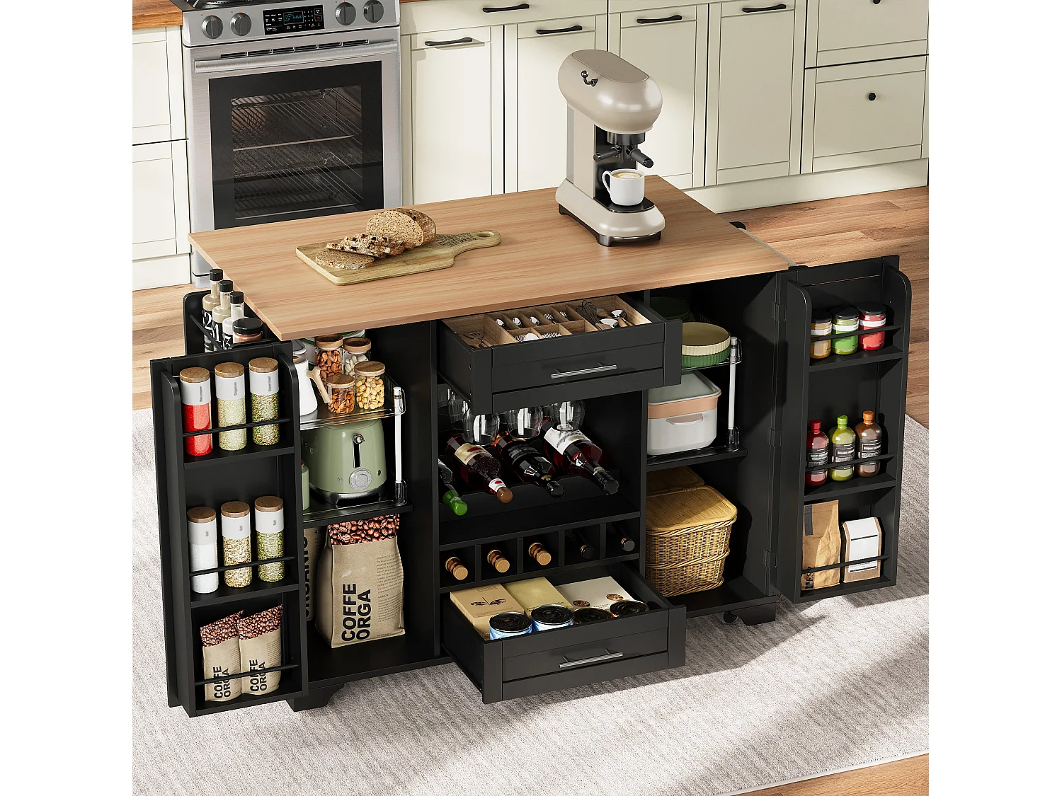 Table roulante de cuisine avec plan de travail rabattable, îlot de cuisine sur roulettes, 120x45/70x92cm, Chariot de service multifonctionnel avec rangements