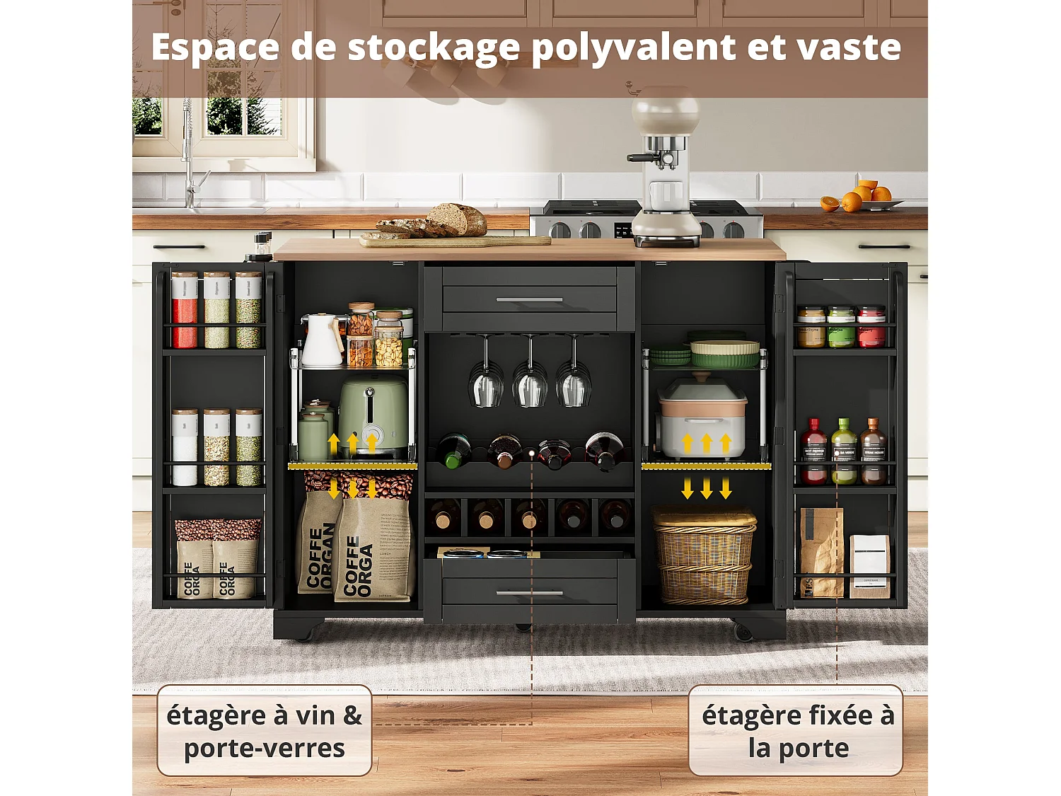 Table roulante de cuisine avec plan de travail rabattable, îlot de cuisine sur roulettes, 120x45/70x92cm, Chariot de service multifonctionnel avec rangements