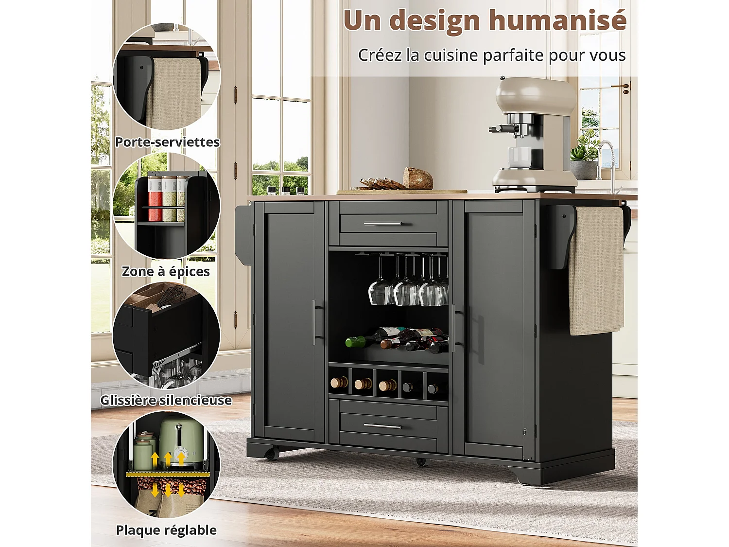 Table roulante de cuisine avec plan de travail rabattable, îlot de cuisine sur roulettes, 120x45/70x92cm, Chariot de service multifonctionnel avec rangements