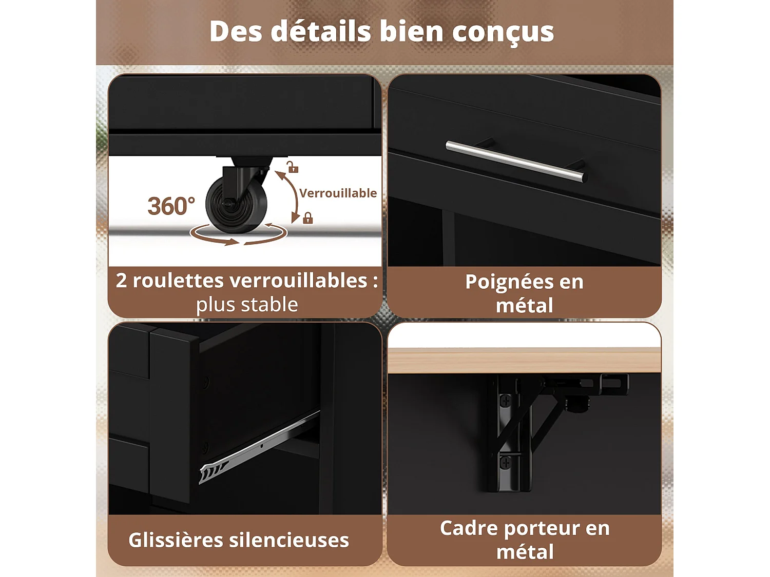 Table roulante de cuisine avec plan de travail rabattable, îlot de cuisine sur roulettes, 120x45/70x92cm, Chariot de service multifonctionnel avec rangements