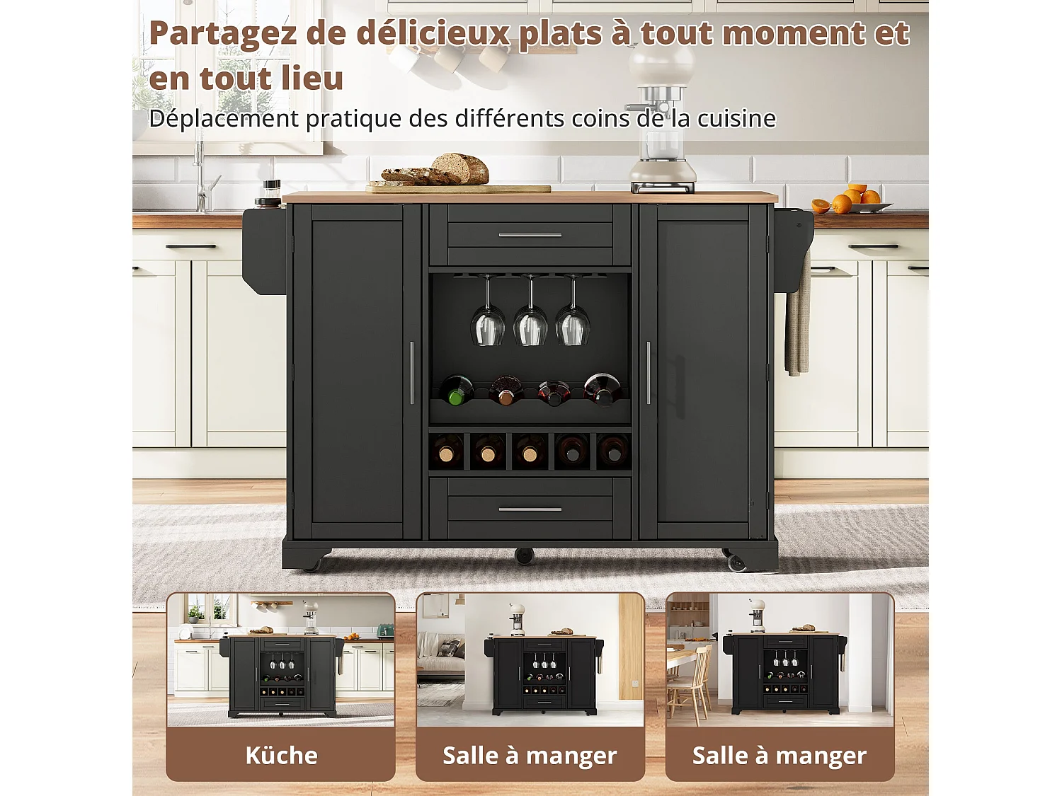 Table roulante de cuisine avec plan de travail rabattable, îlot de cuisine sur roulettes, 120x45/70x92cm, Chariot de service multifonctionnel avec rangements