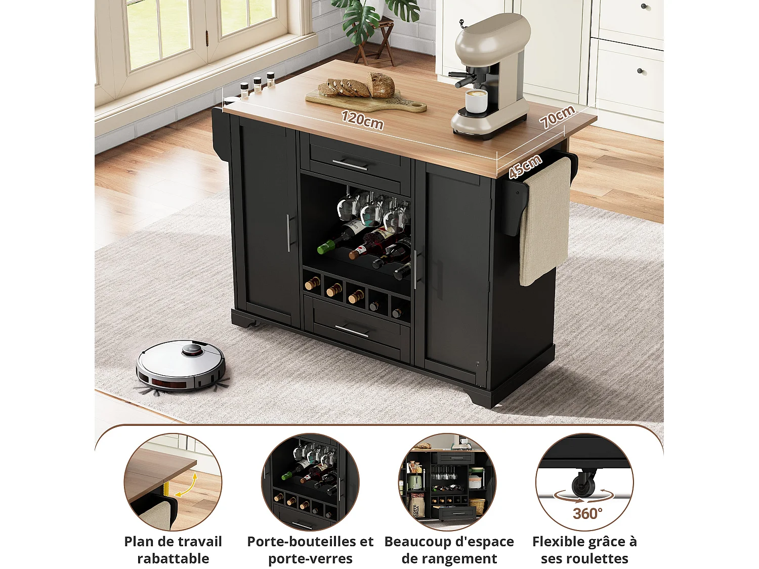 Table roulante de cuisine avec plan de travail rabattable, îlot de cuisine sur roulettes, 120x45/70x92cm, Chariot de service multifonctionnel avec rangements