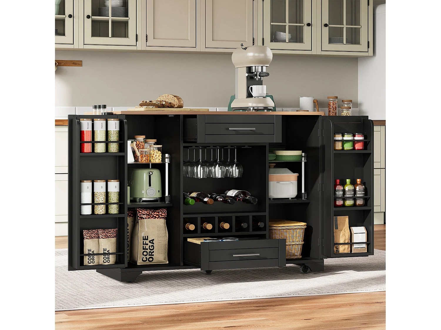 Table roulante de cuisine avec plan de travail rabattable, îlot de cuisine sur roulettes, 120x45/70x92cm, Chariot de service multifonctionnel avec rangements