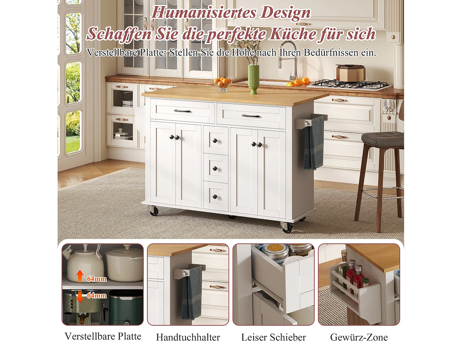 Chariot de cuisine avec plan de travail rabattable, extensible à 120×65 cm, avec 5 tiroirs, placards, porte-épices et porte-serviettes, sur roulettes