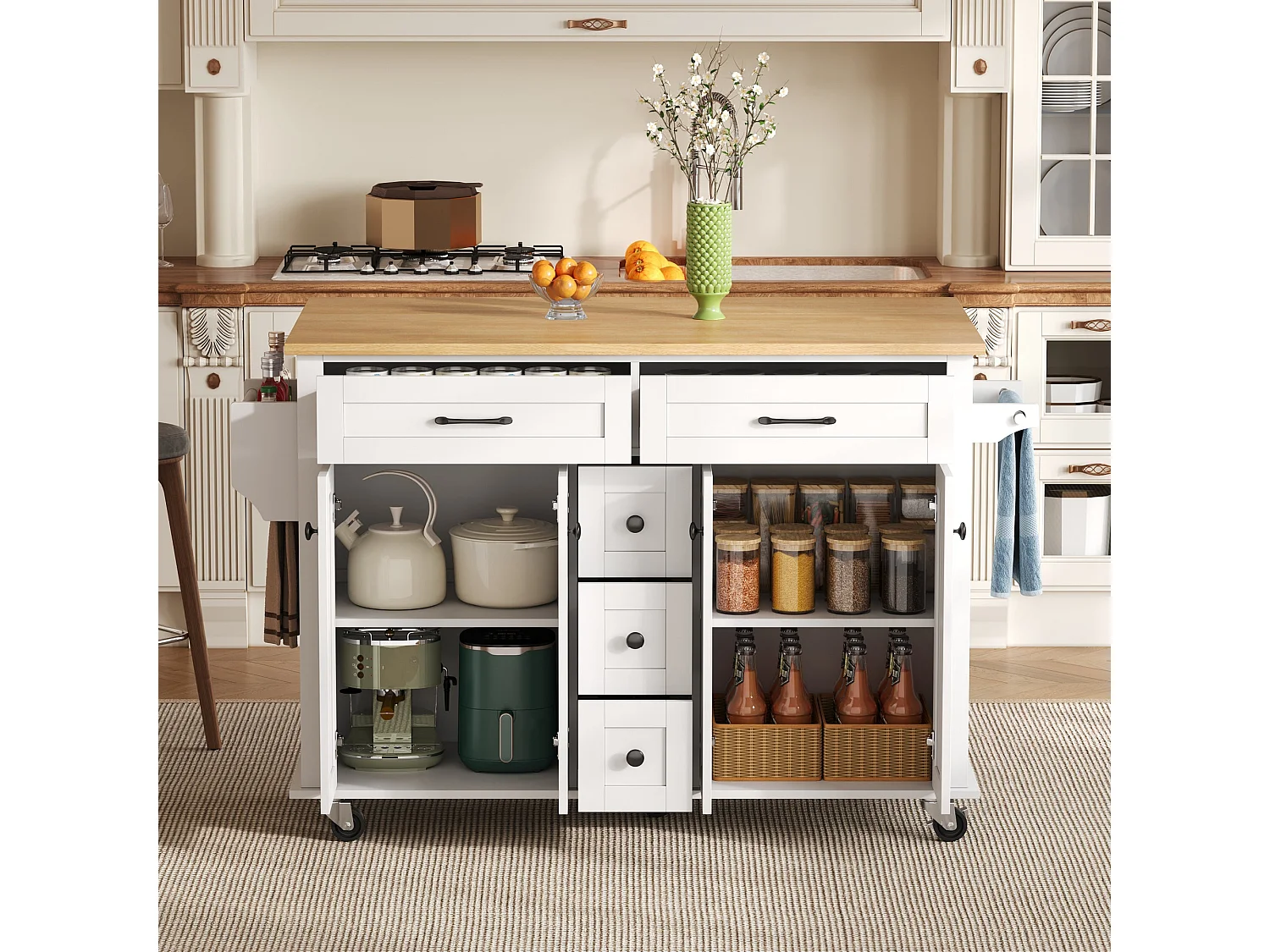 Chariot de cuisine avec plan de travail rabattable, extensible à 120×65 cm, avec 5 tiroirs, placards, porte-épices et porte-serviettes, sur roulettes