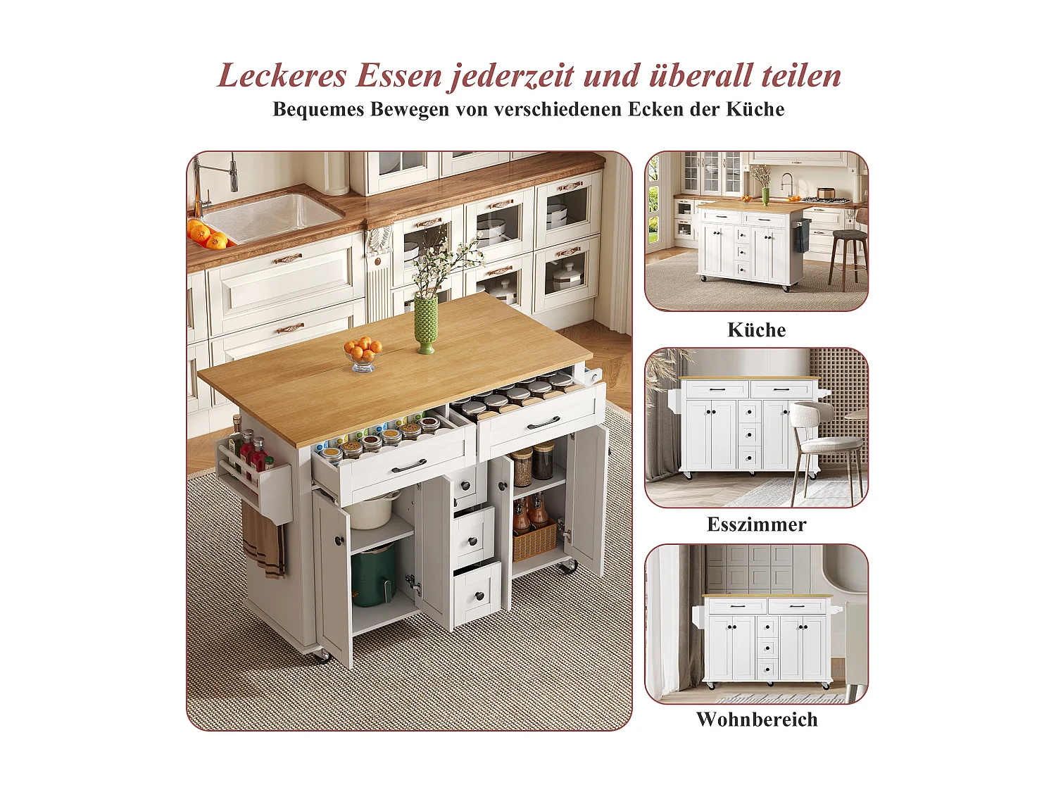 Chariot de cuisine avec plan de travail rabattable, extensible à 120×65 cm, avec 5 tiroirs, placards, porte-épices et porte-serviettes, sur roulettes