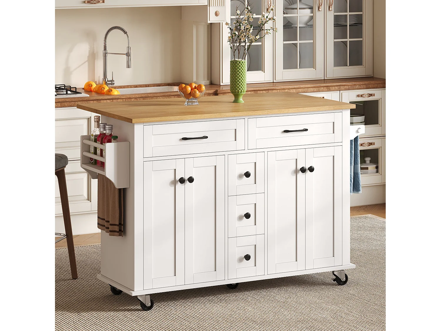 Chariot de cuisine avec plan de travail rabattable, extensible à 120×65 cm, avec 5 tiroirs, placards, porte-épices et porte-serviettes, sur roulettes