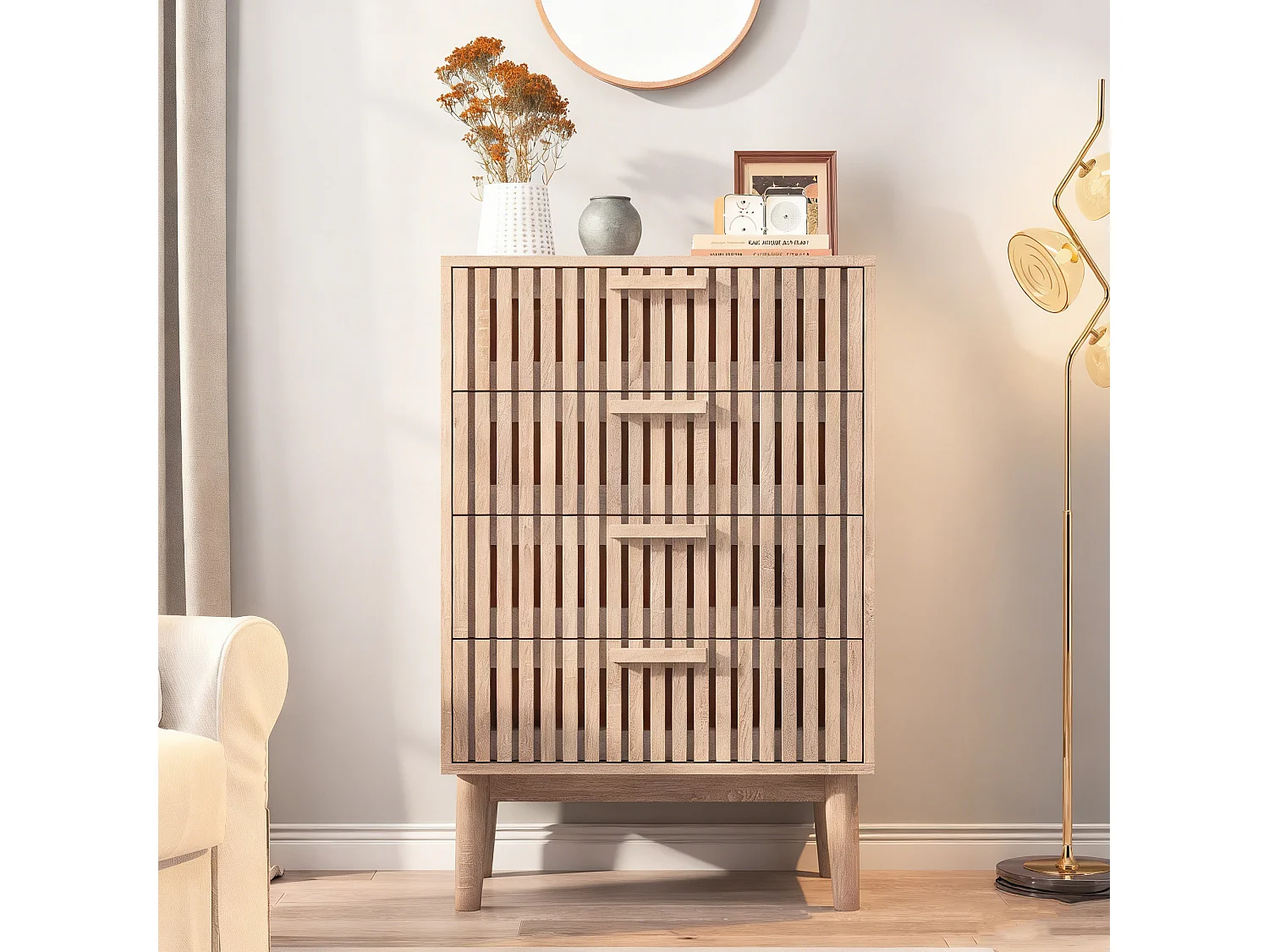 Commode 4 tiroirs - poignées en bois - Scandinave - 60x34x91cm - naturelle