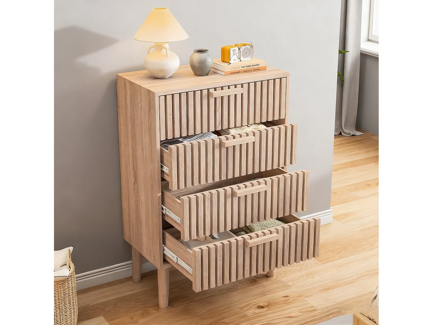 Commode 4 tiroirs - poignées en bois - Scandinave - 60x34x91cm - naturelle