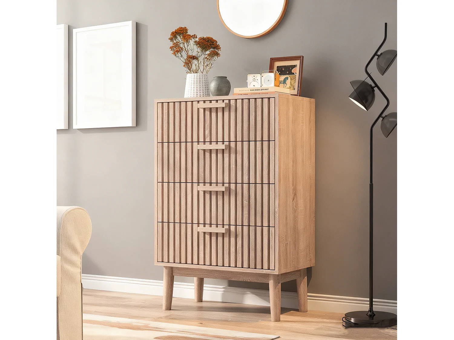 Commode 4 tiroirs - poignées en bois - Scandinave - 60x34x91cm - naturelle