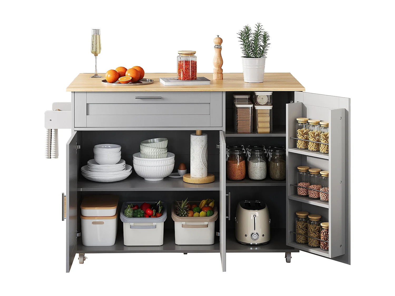 Table de cuisine mobile L132,5 x P44(70) x H90 cm, plan de travail rabattable, avec porte-épices,5 roulettes, adapté à la cuisine / salle à manger