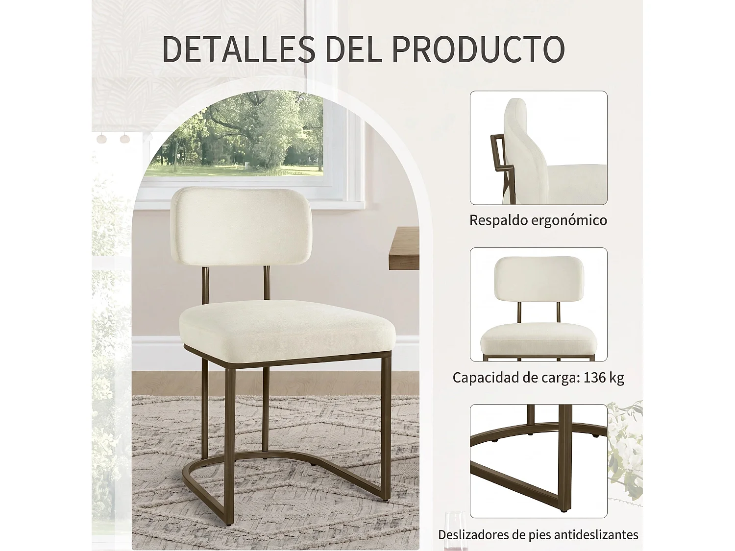 Lot de 2 chaises de salle à manger, Dossier rembourré, Modèle moderne Similicuir, Piètement métal