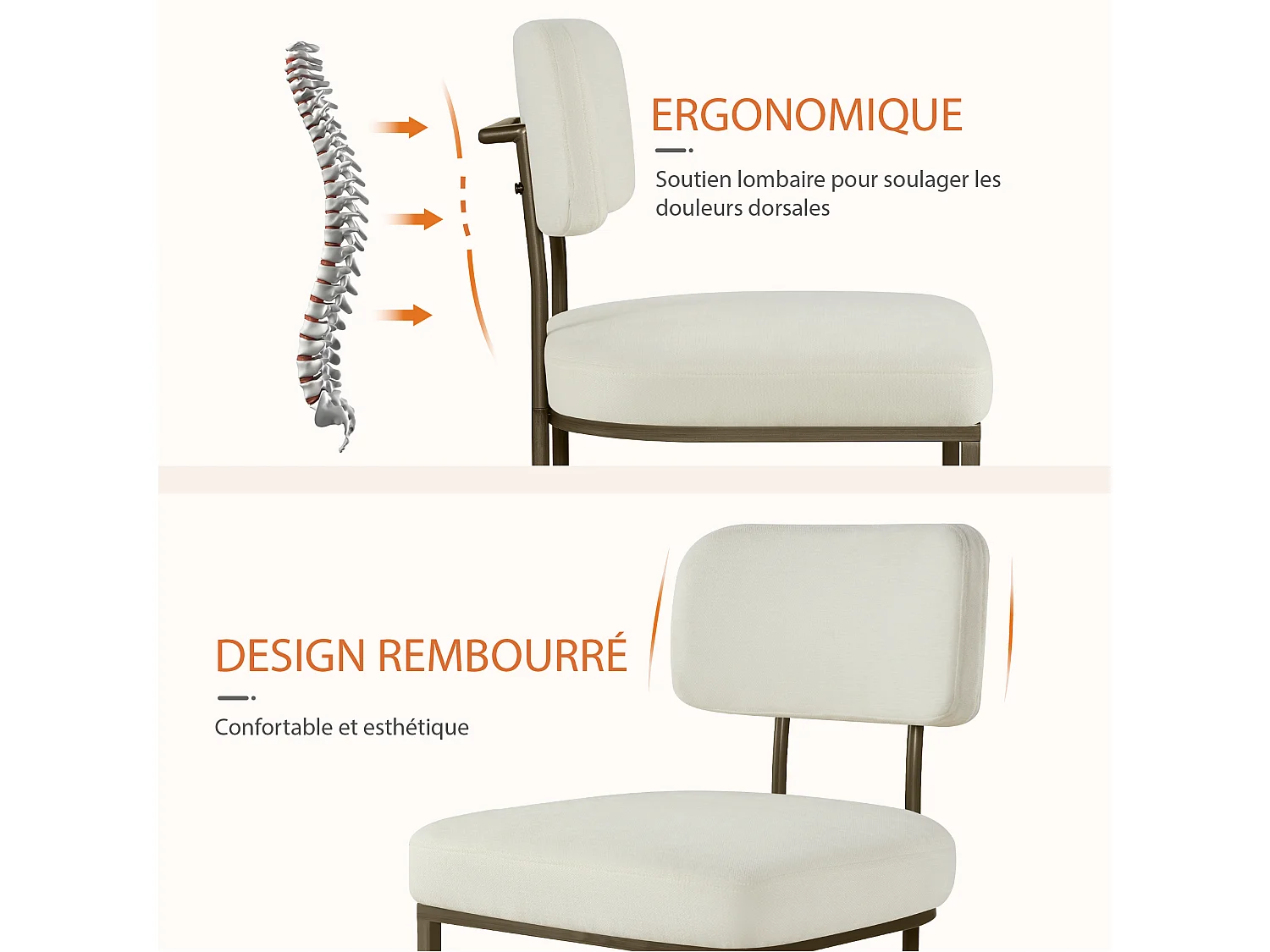 Lot de 2 chaises de salle à manger, Dossier rembourré, Modèle moderne Similicuir, Piètement métal