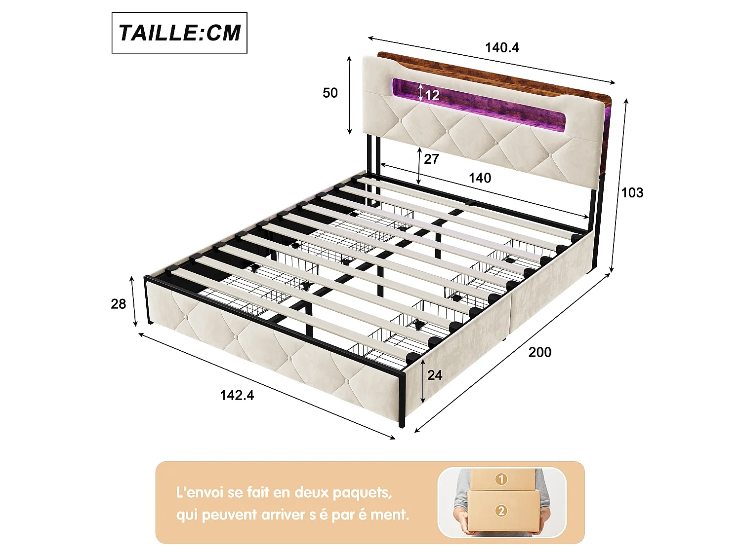 Volwassenenbed 140x200 cm met lattenbodem, gestoffeerd hoofdbord met LED, USB- en Type-C-poorten, bed 140x200 cm Frame in beige fluwelen stof