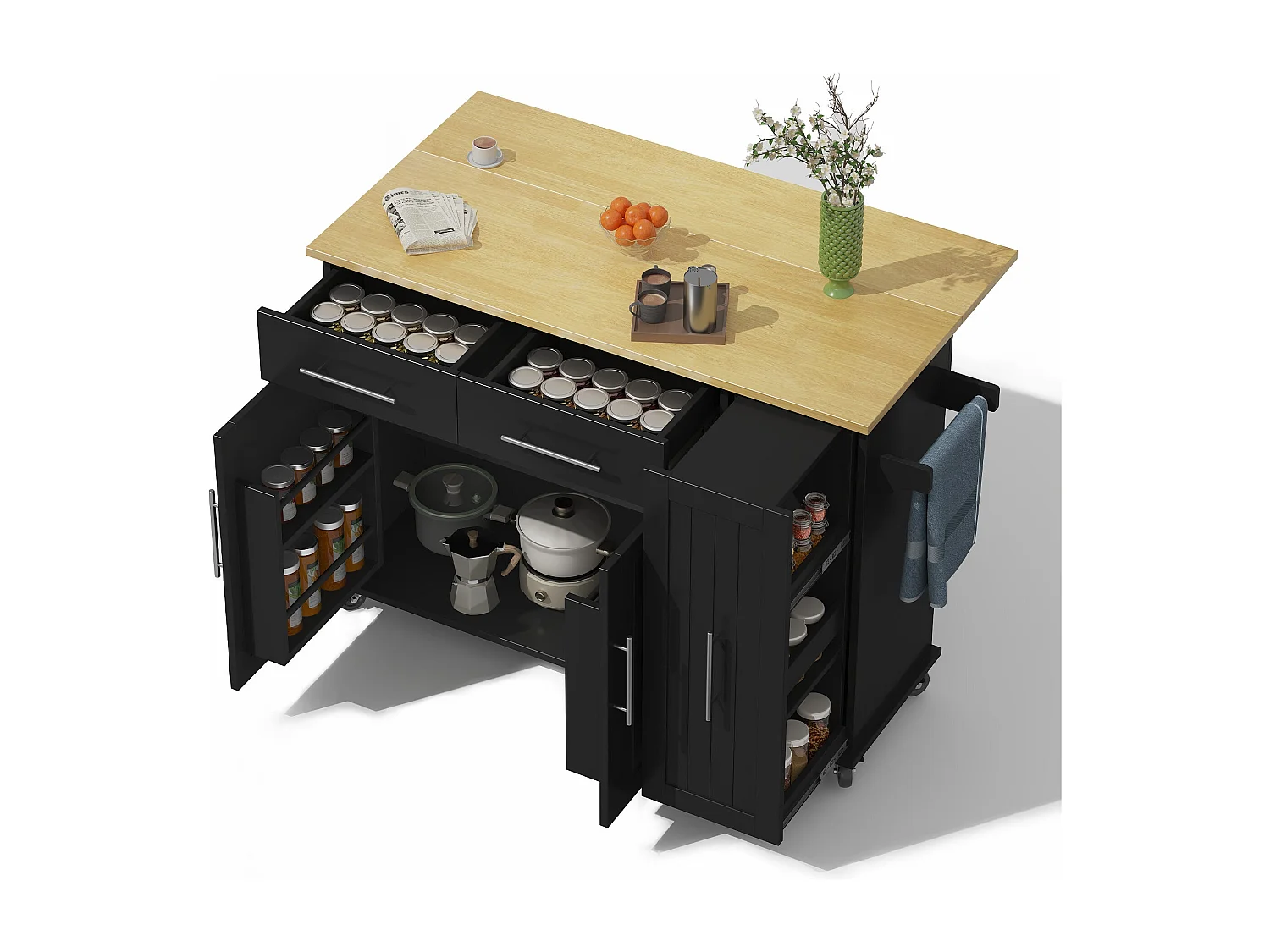 Îlot de cuisine avec tablette rabattable, chariot de rangement avec organiseur, chariot roulant sur roulettes