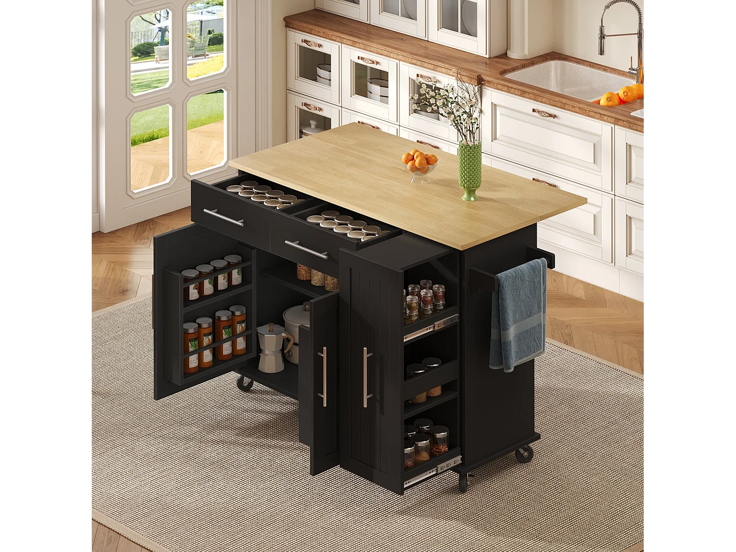 Îlot de cuisine avec tablette rabattable, chariot de rangement avec organiseur, chariot roulant sur roulettes