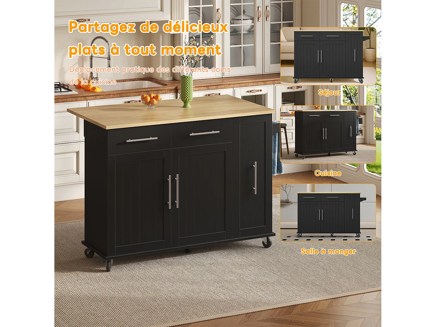 Îlot de cuisine avec tablette rabattable, chariot de rangement avec organiseur, chariot roulant sur roulettes