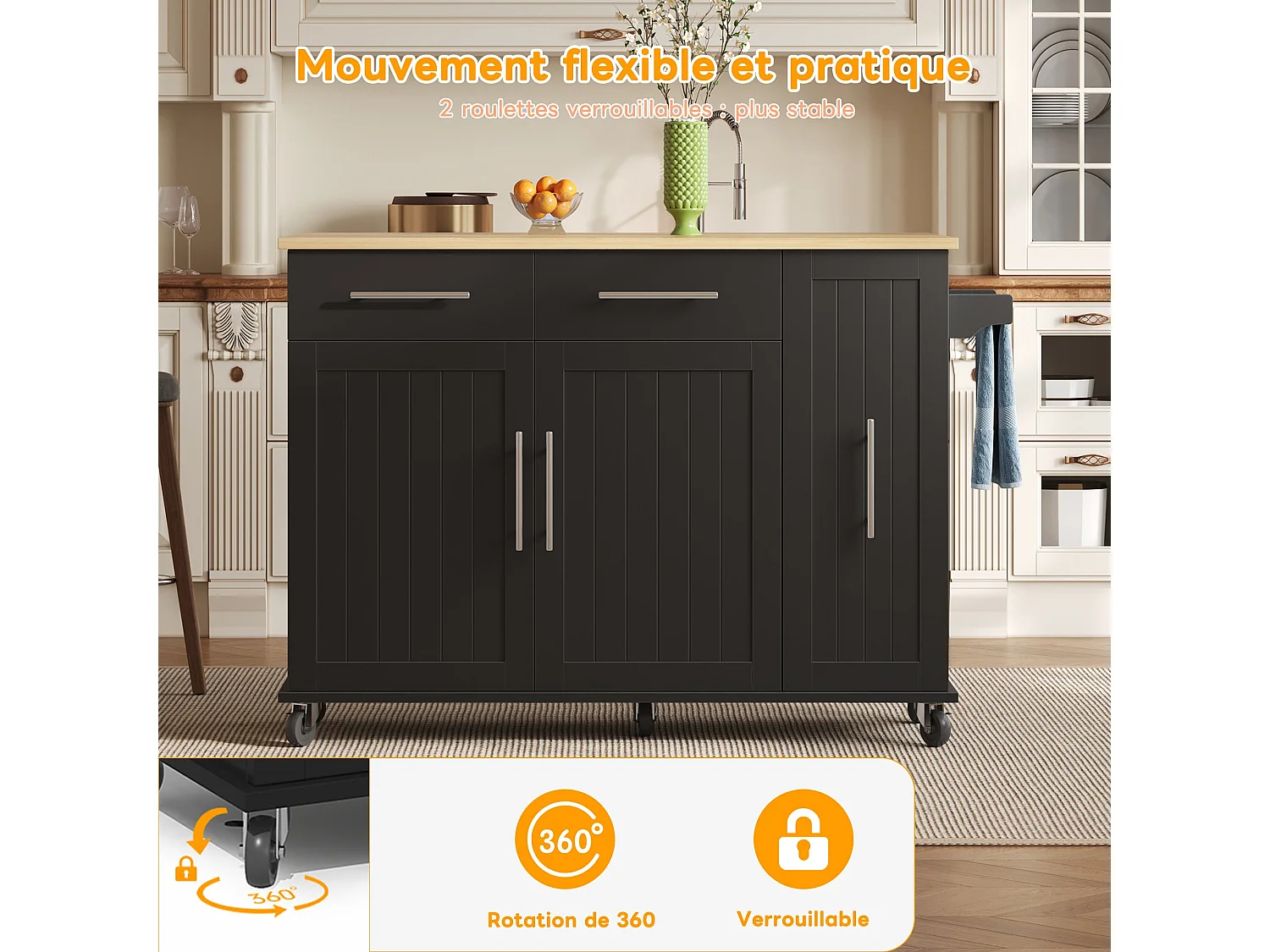 Îlot de cuisine avec tablette rabattable, chariot de rangement avec organiseur, chariot roulant sur roulettes