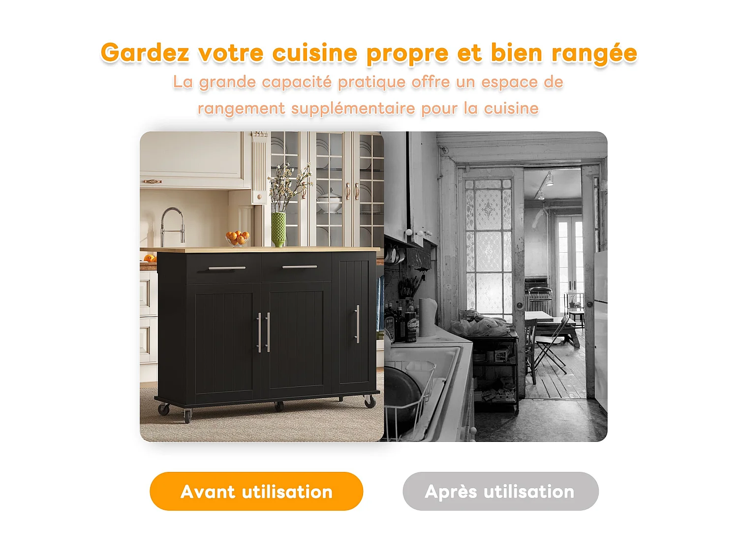 Îlot de cuisine avec tablette rabattable, chariot de rangement avec organiseur, chariot roulant sur roulettes