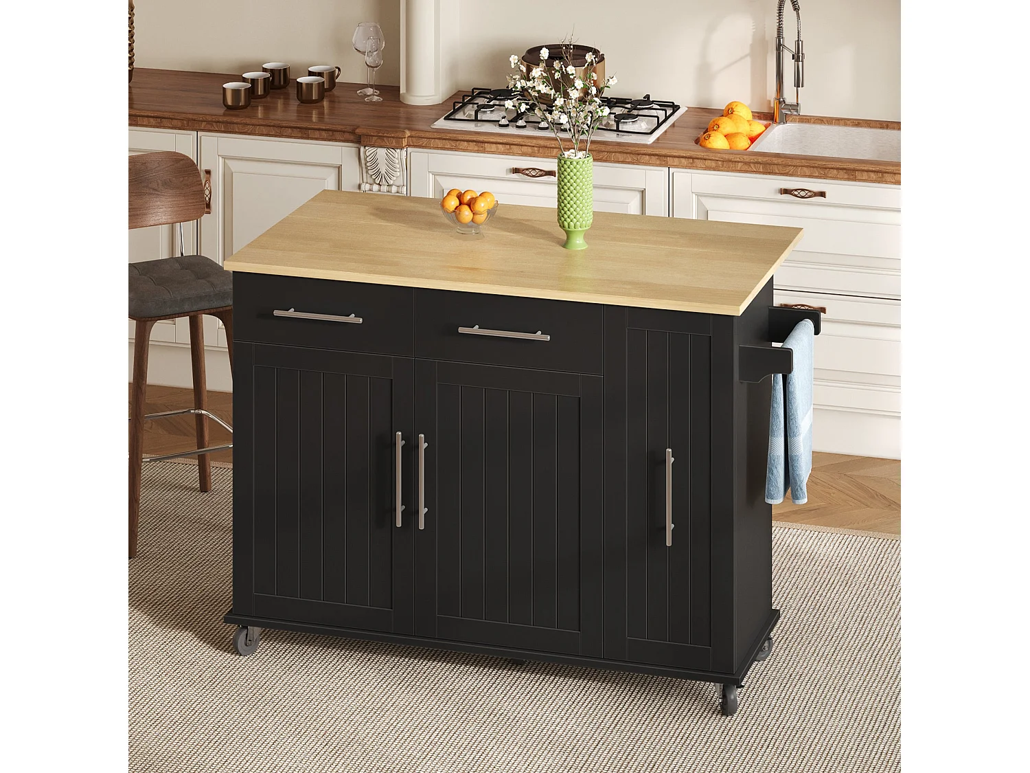 Îlot de cuisine avec tablette rabattable, chariot de rangement avec organiseur, chariot roulant sur roulettes