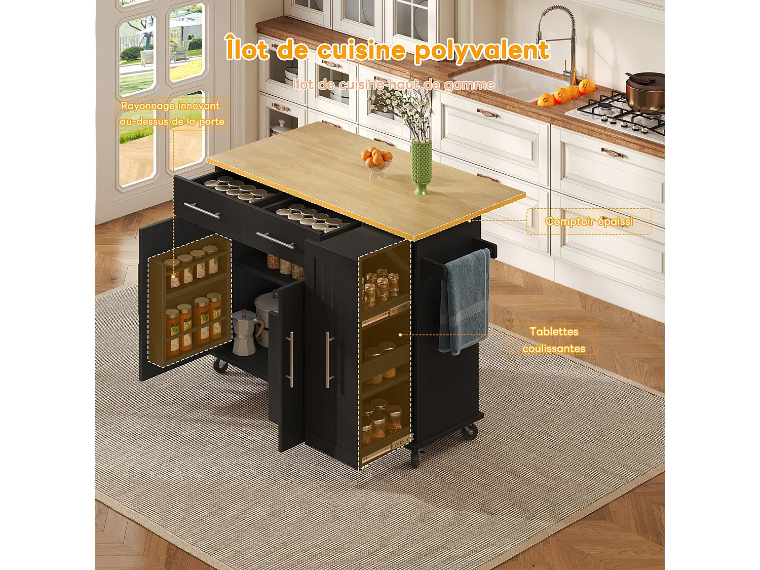 Îlot de cuisine avec tablette rabattable, chariot de rangement avec organiseur, chariot roulant sur roulettes