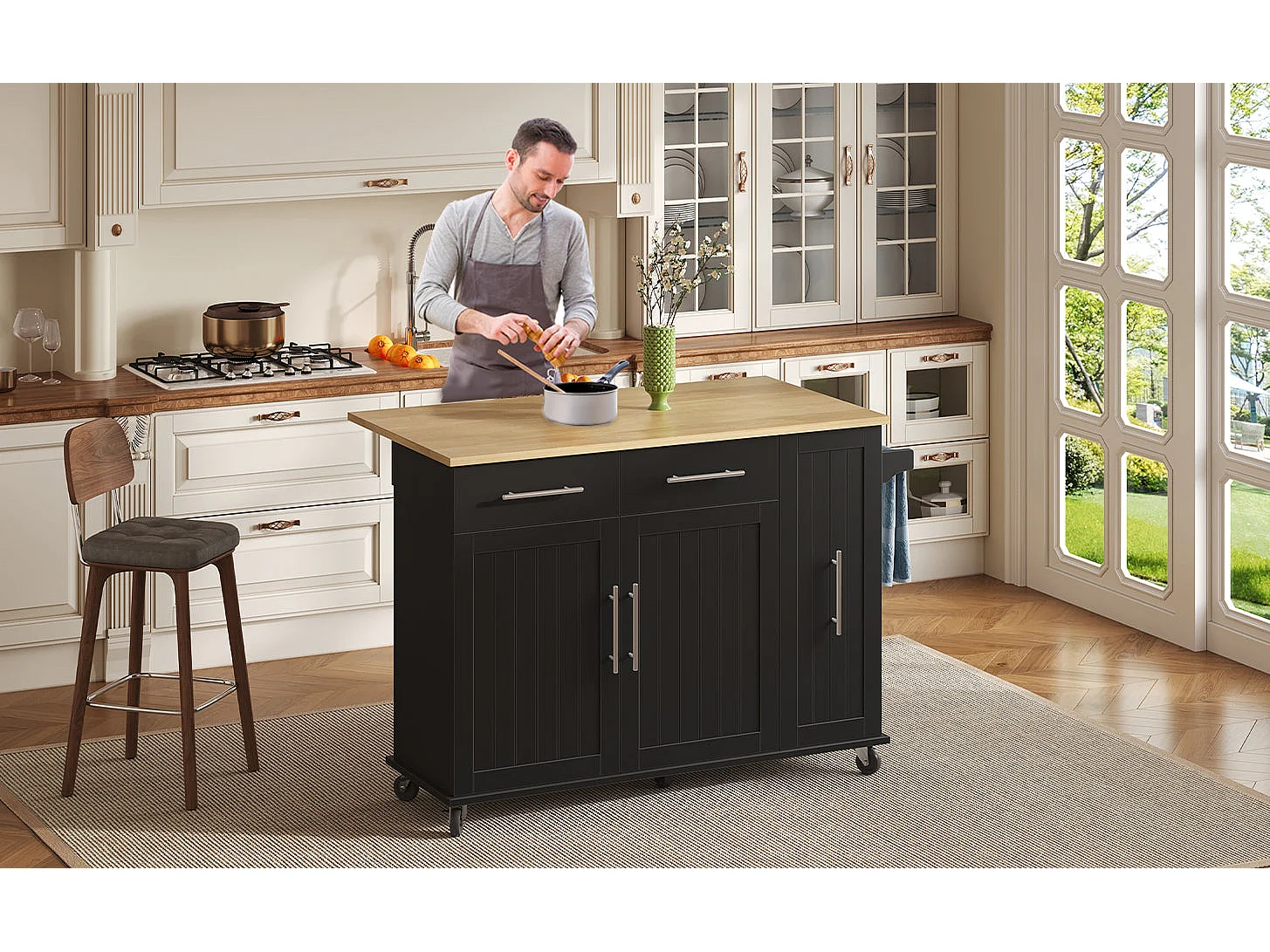 Îlot de cuisine avec tablette rabattable, chariot de rangement avec organiseur, chariot roulant sur roulettes