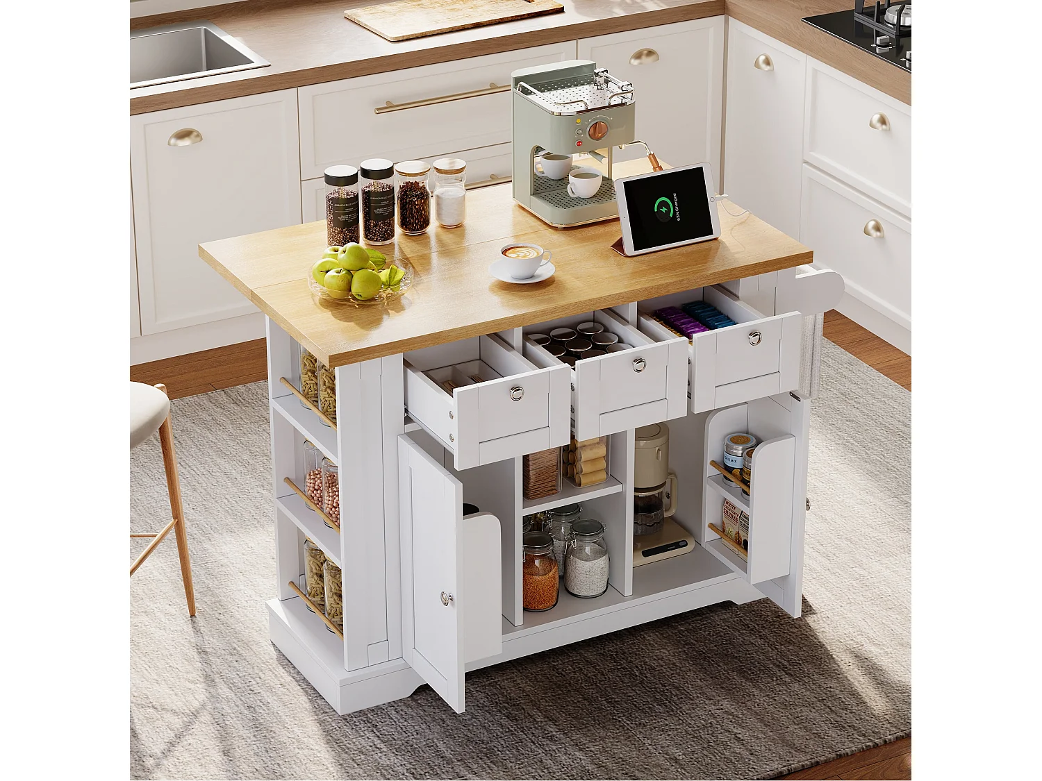 Table de cuisine mobile, style campagne, meuble multifonctionnel, tiroir, porte-épices, 5 roulettes, prise intégrée, cuisine / salle à manger / maison