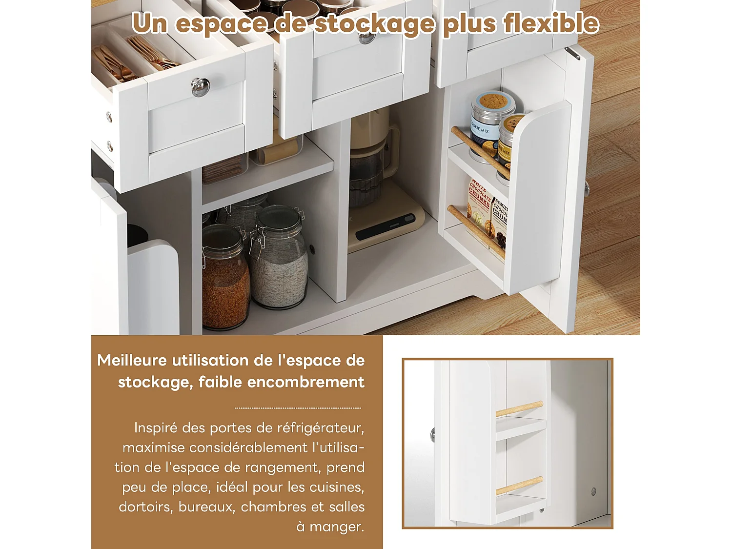 Table de cuisine mobile, style campagne, meuble multifonctionnel, tiroir, porte-épices, 5 roulettes, prise intégrée, cuisine / salle à manger / maison