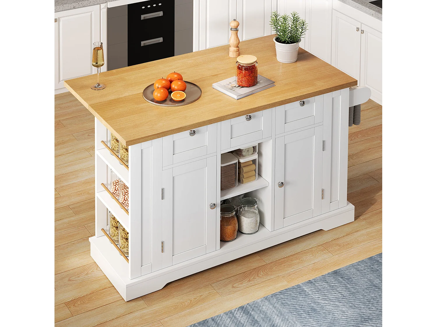 Table de cuisine mobile, style campagne, meuble multifonctionnel, tiroir, porte-épices, 5 roulettes, prise intégrée, cuisine / salle à manger / maison