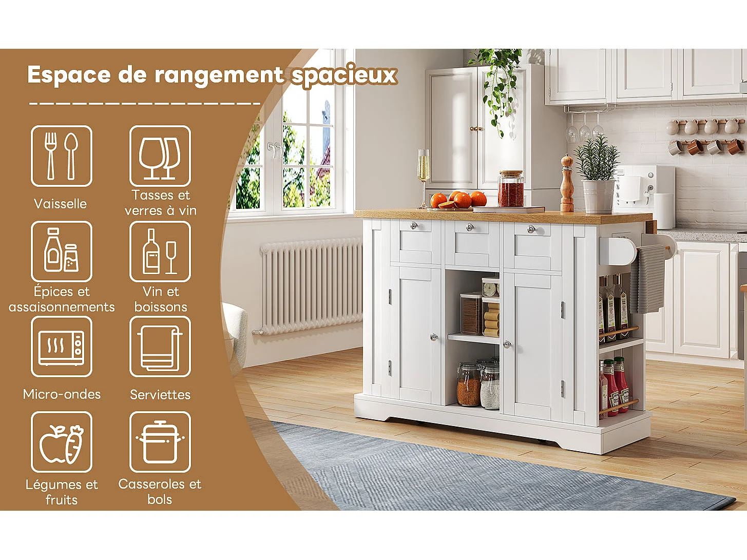 Table de cuisine mobile, style campagne, meuble multifonctionnel, tiroir, porte-épices, 5 roulettes, prise intégrée, cuisine / salle à manger / maison