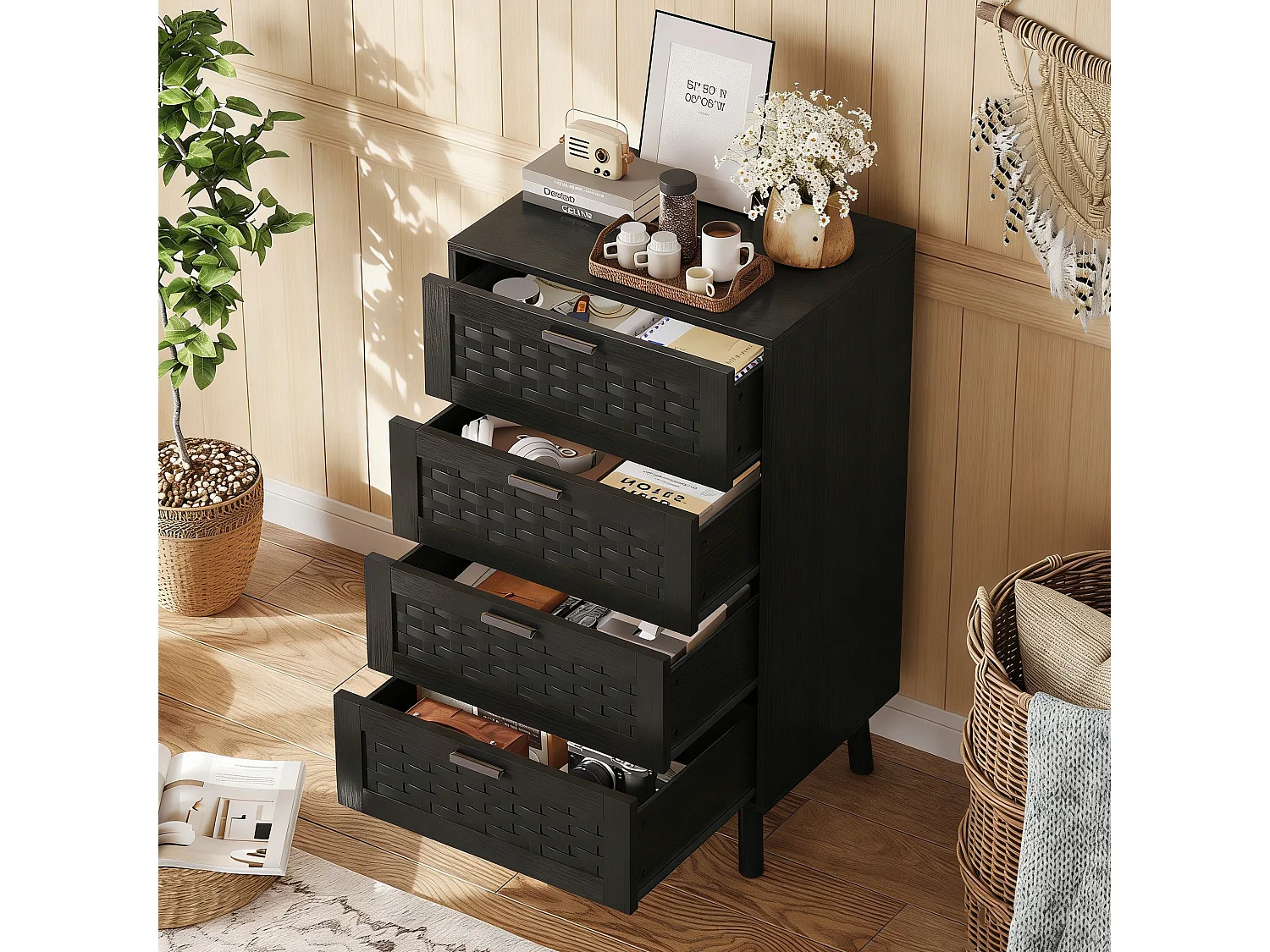 Commode à 4 tiroirs, conception en osier, 55 x 39 x 95 cm, avec poignées et pieds, noir