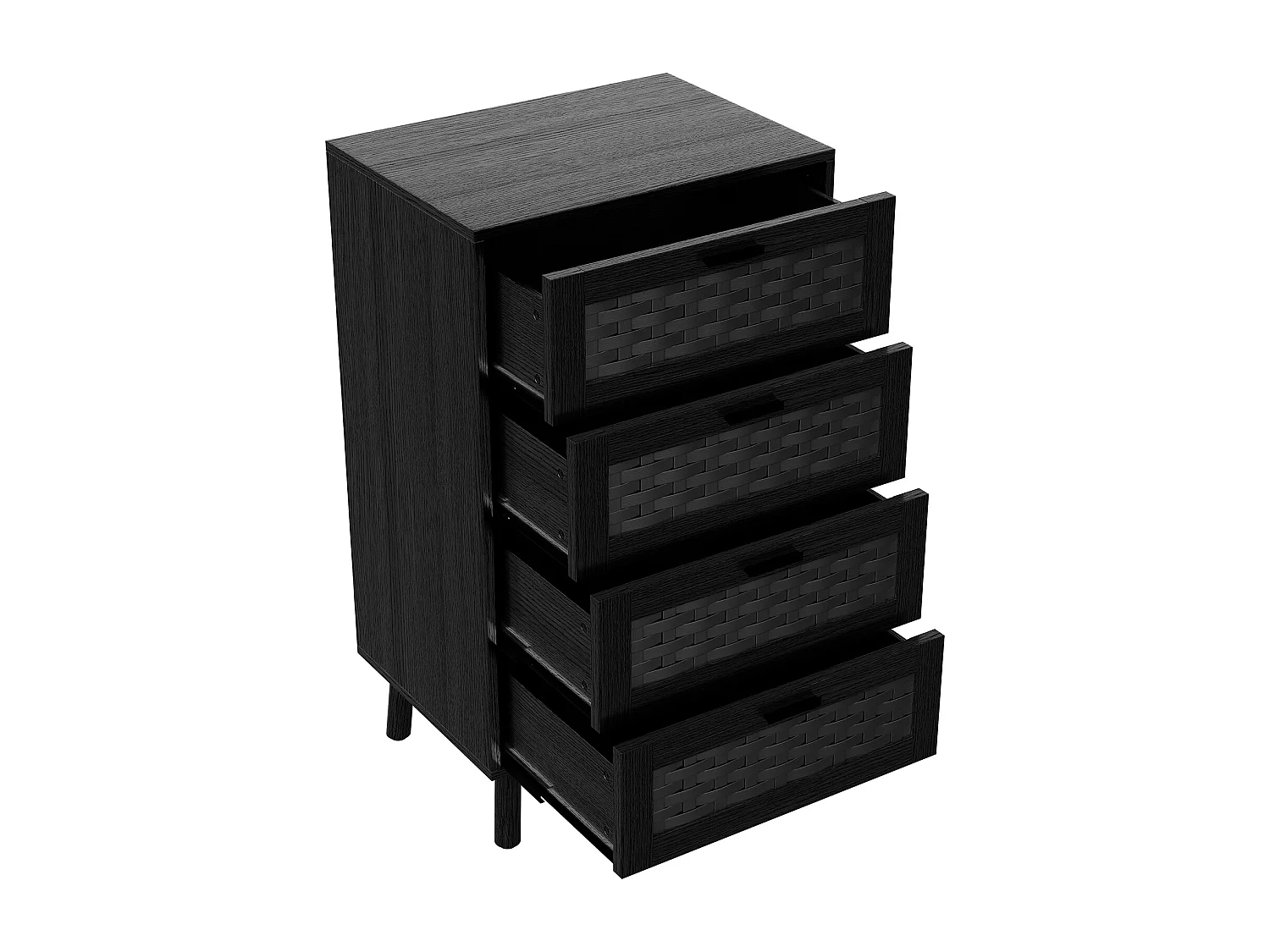 Commode à 4 tiroirs, conception en osier, 55 x 39 x 95 cm, avec poignées et pieds, noir