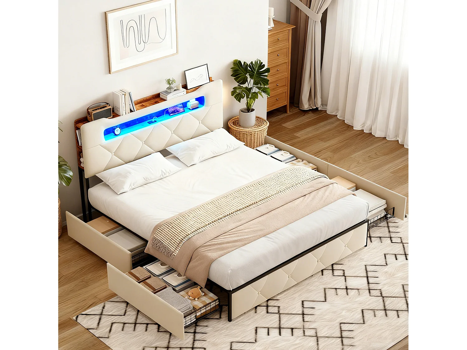 Lit adulte 160x200 cm avec sommier à latte, tête de lit capitonné avec led, USB et Type-c, cadre de lit 160x200 cm en tissu velours,beige