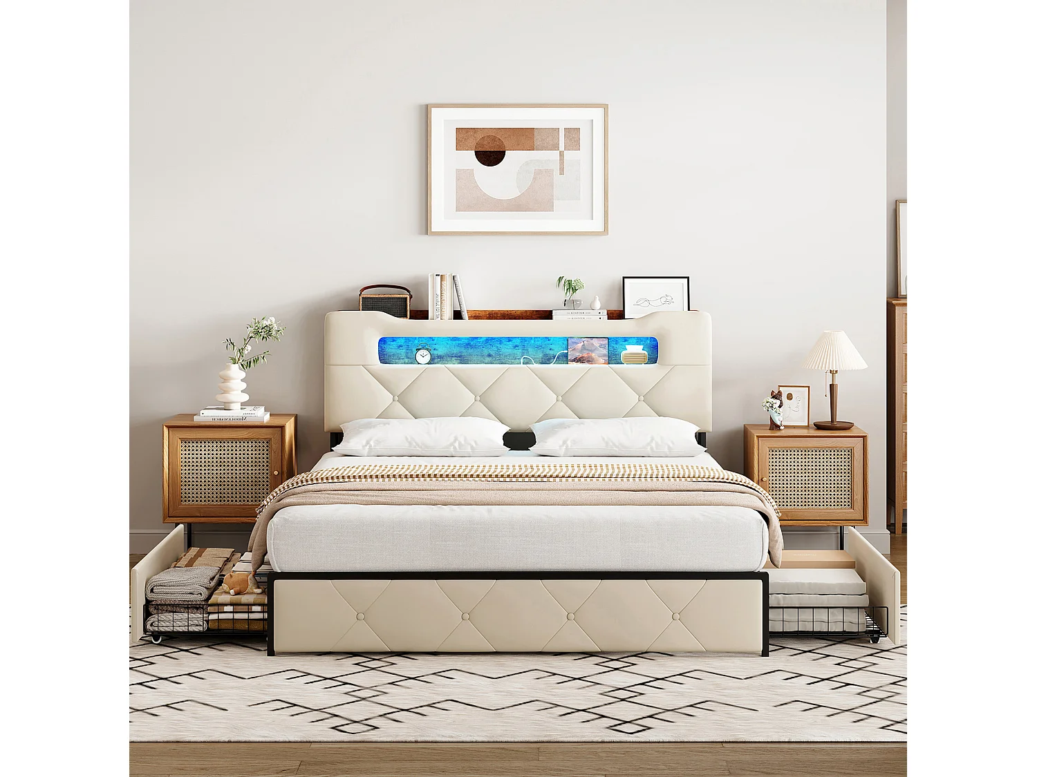 Lit adulte 160x200 cm avec sommier à latte, tête de lit capitonné avec led, USB et Type-c, cadre de lit 160x200 cm en tissu velours,beige