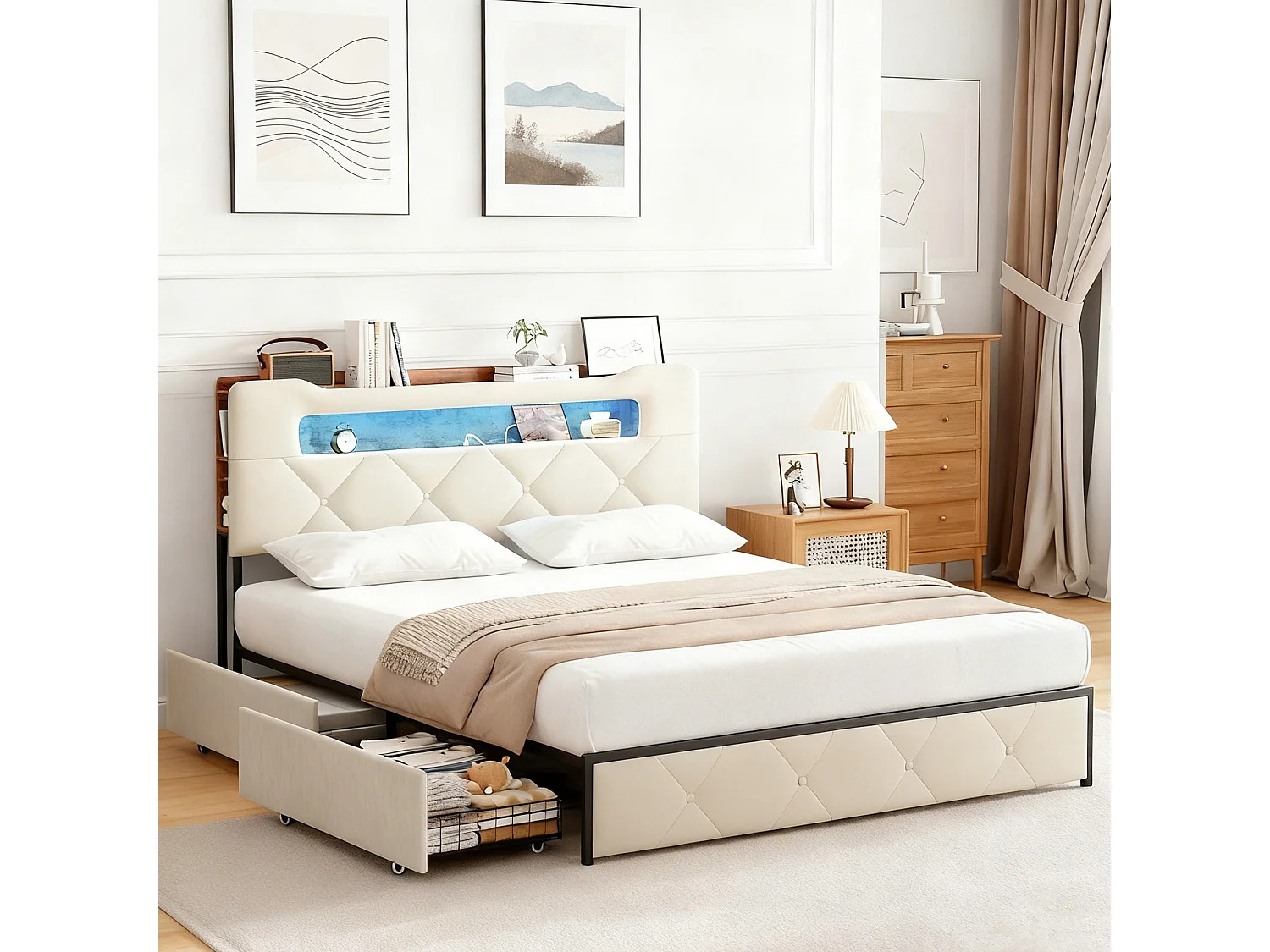 Lit adulte 160x200 cm avec sommier à latte, tête de lit capitonné avec led, USB et Type-c, cadre de lit 160x200 cm en tissu velours,beige
