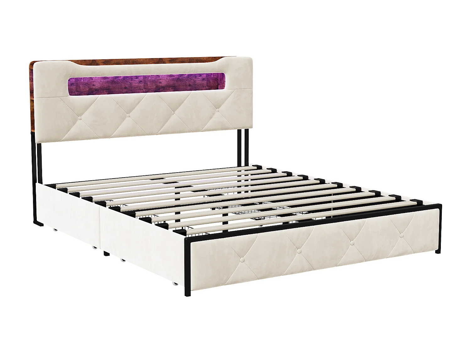 Lit adulte 160x200 cm avec sommier à latte, tête de lit capitonné avec led, USB et Type-c, cadre de lit 160x200 cm en tissu velours,beige