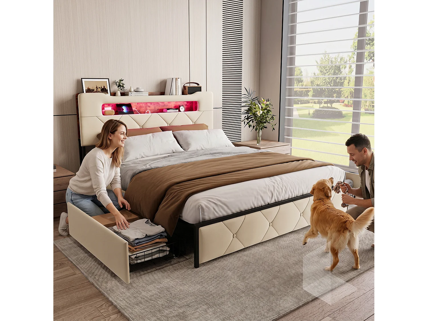 Volwassen bed 160x200 cm in beige fluweel met LED, USB en Type-C, gestoffeerd hoofdbord met lattenbodem