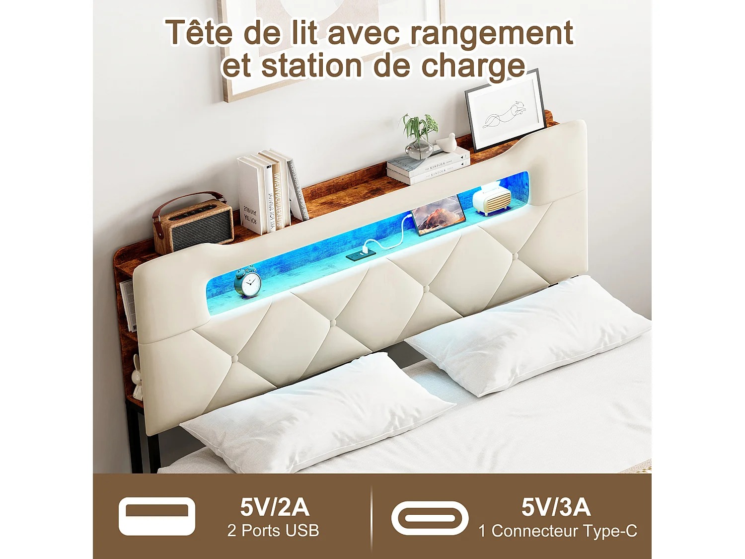Volwassen bed 160x200 cm in beige fluweel met LED, USB en Type-C, gestoffeerd hoofdbord met lattenbodem