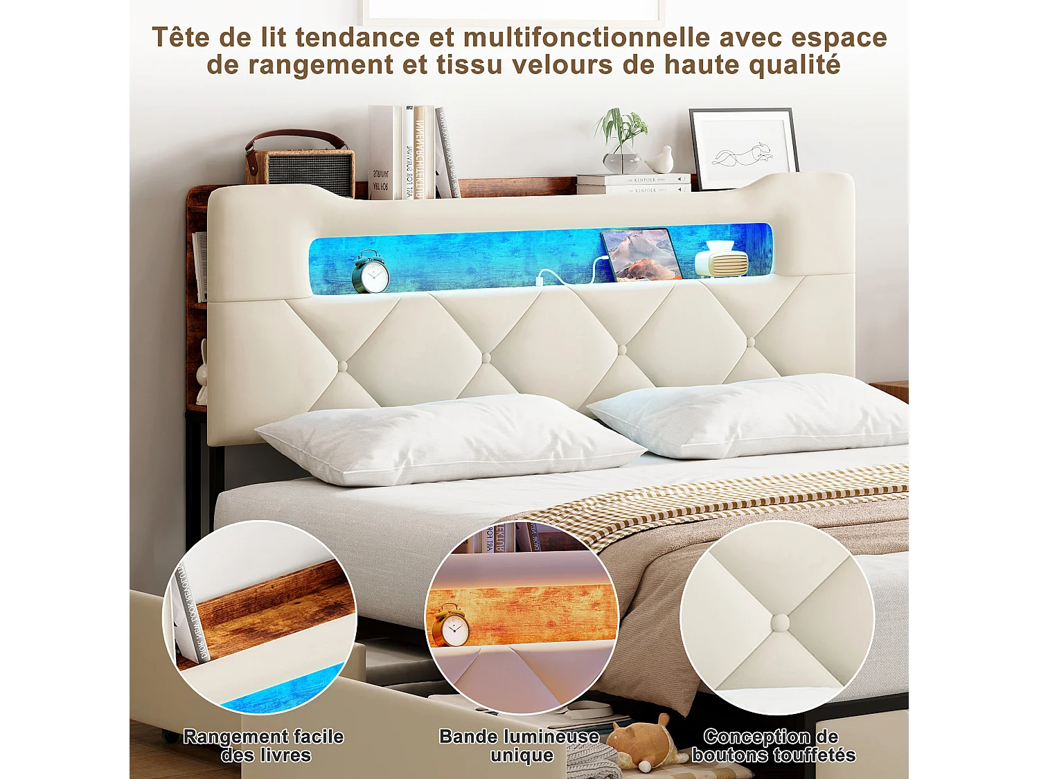Volwassen bed 160x200 cm in beige fluweel met LED, USB en Type-C, gestoffeerd hoofdbord met lattenbodem