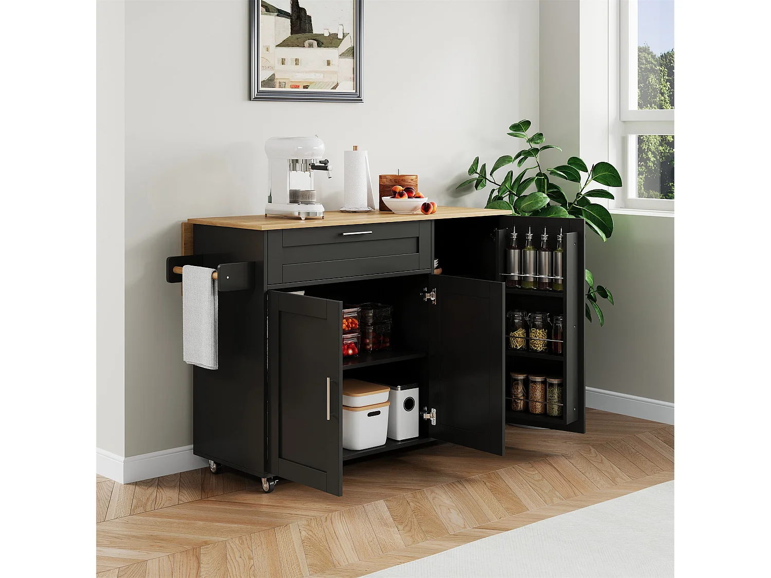 Grande table de cuisine mobile L132,5 x P44(70) x H90 cm, plan de travail rabattable,5 roulettes, adapté à la cuisine/salle à manger