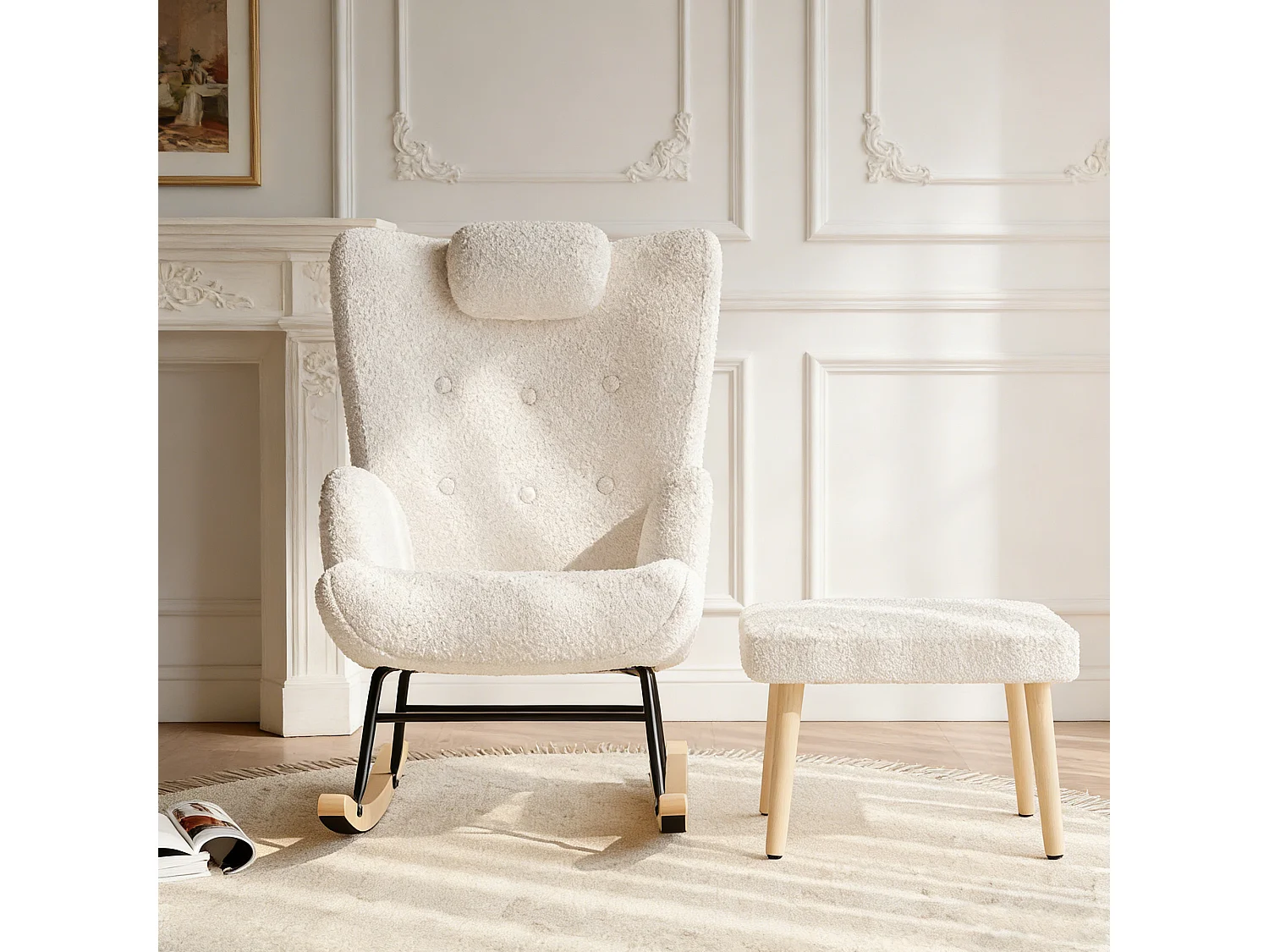 Fauteuil à bascule en tissu teddy velours, Rocking chair rembourré avec repose-pieds et appui-tête, blanc