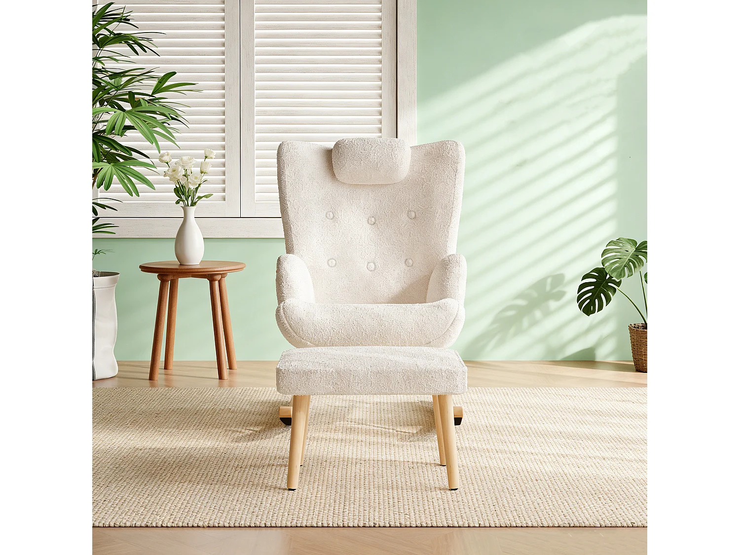 Fauteuil à bascule en tissu teddy velours, Rocking chair rembourré avec repose-pieds et appui-tête, blanc
