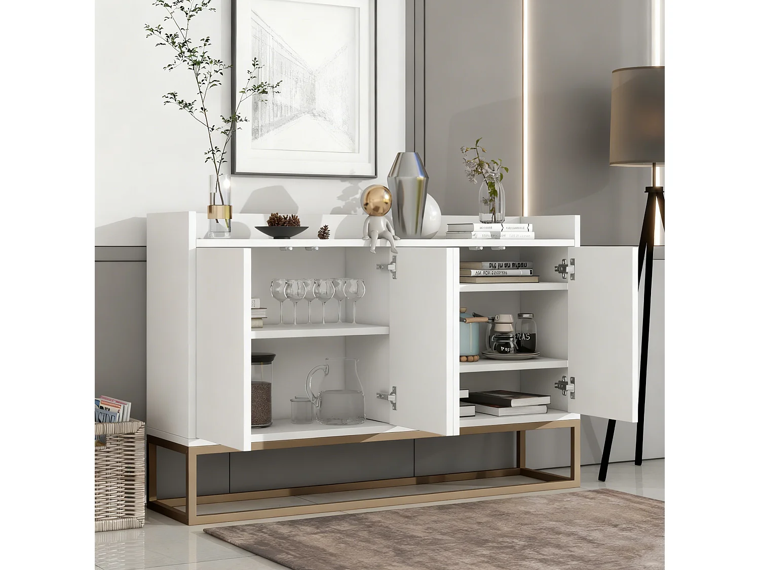 Modern dressoir met 4 deuren en verstelbare plank - Minimalistisch dressoir van MDF 120x30x80 cm - voor eetkamer, woonkamer, keuken - Wit