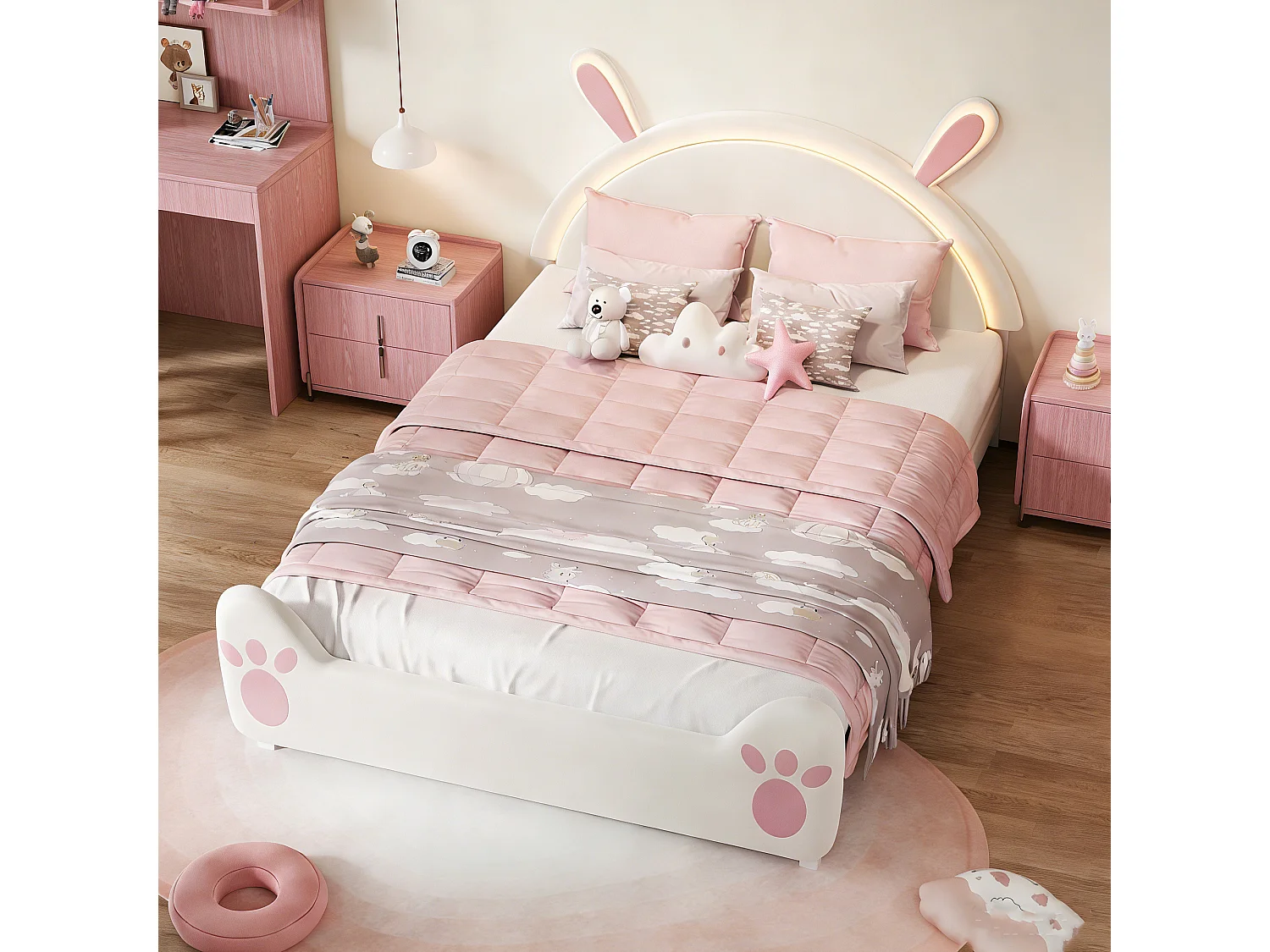 Lit enfant 140x200 cm avec LED et sommier à lattes, tête en forme de lapin, lit fille 140x200 cm, DIY velcro, velours, biege et roes