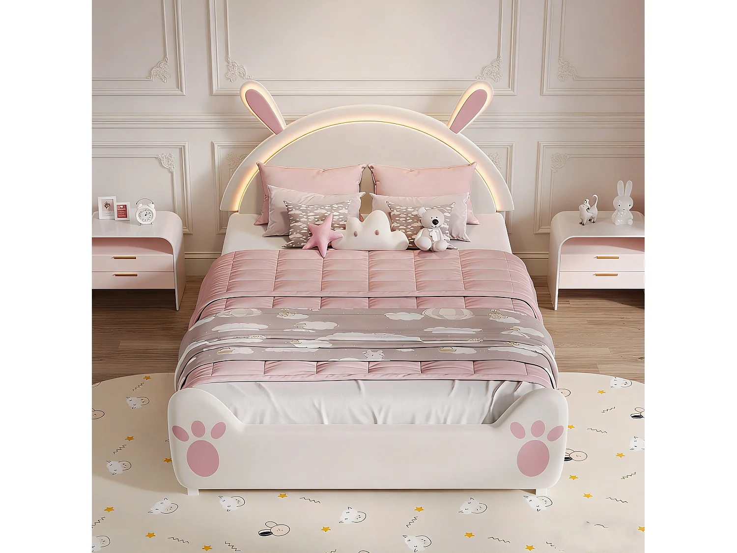 Lit enfant 140x200 cm avec LED et sommier à lattes, tête en forme de lapin, lit fille 140x200 cm, DIY velcro, velours, biege et roes