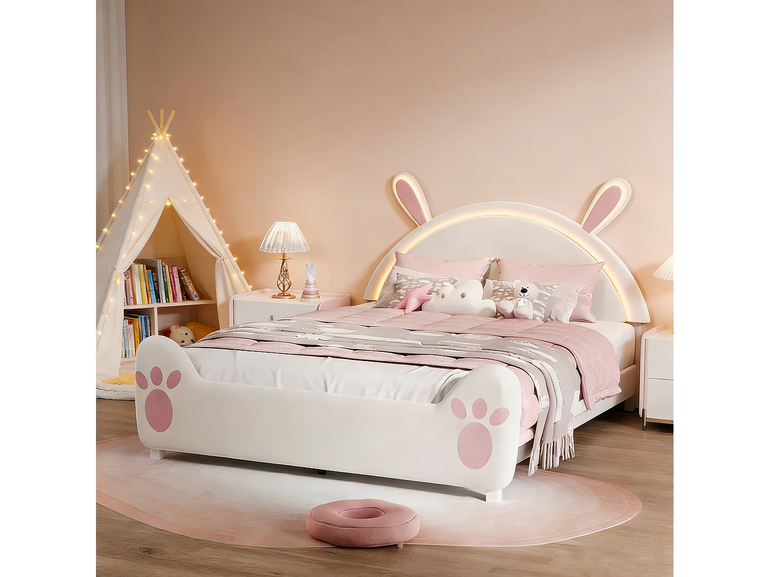 Lit enfant 140x200 cm avec LED et sommier à lattes, tête en forme de lapin, lit fille 140x200 cm, DIY velcro, velours, biege et roes